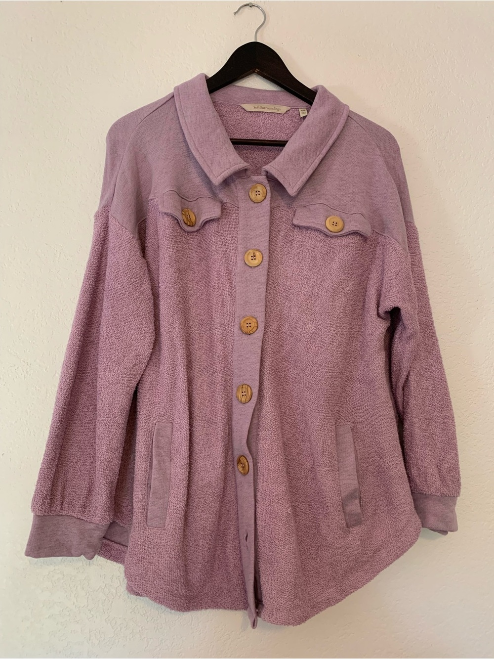 Soft Surroundings Lilac Button-Front Knit Cardigan with Wooden Buttons